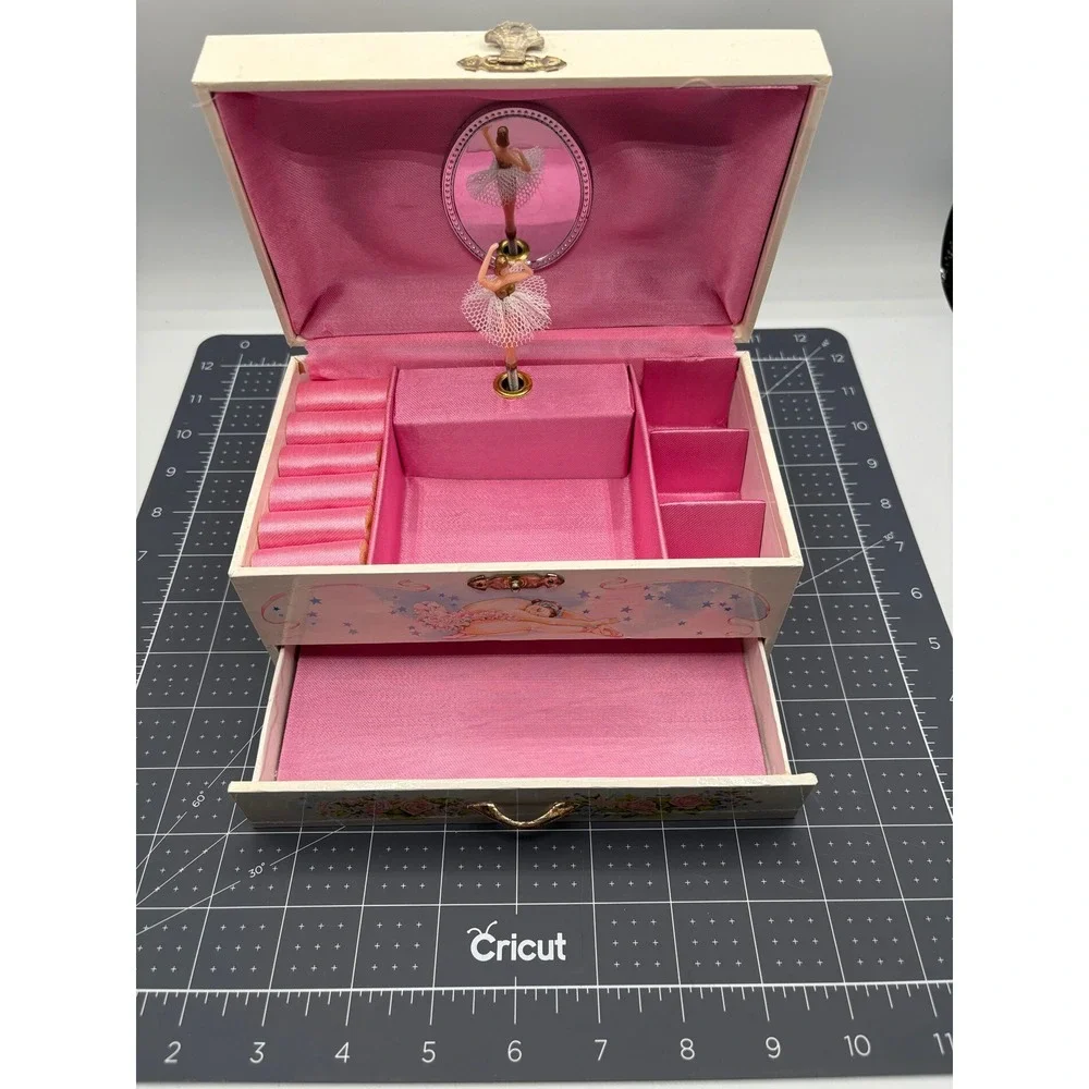 Lillian Vernon Ballerina Musical Jewelry Box Pink White Vintage Style 2-Tier